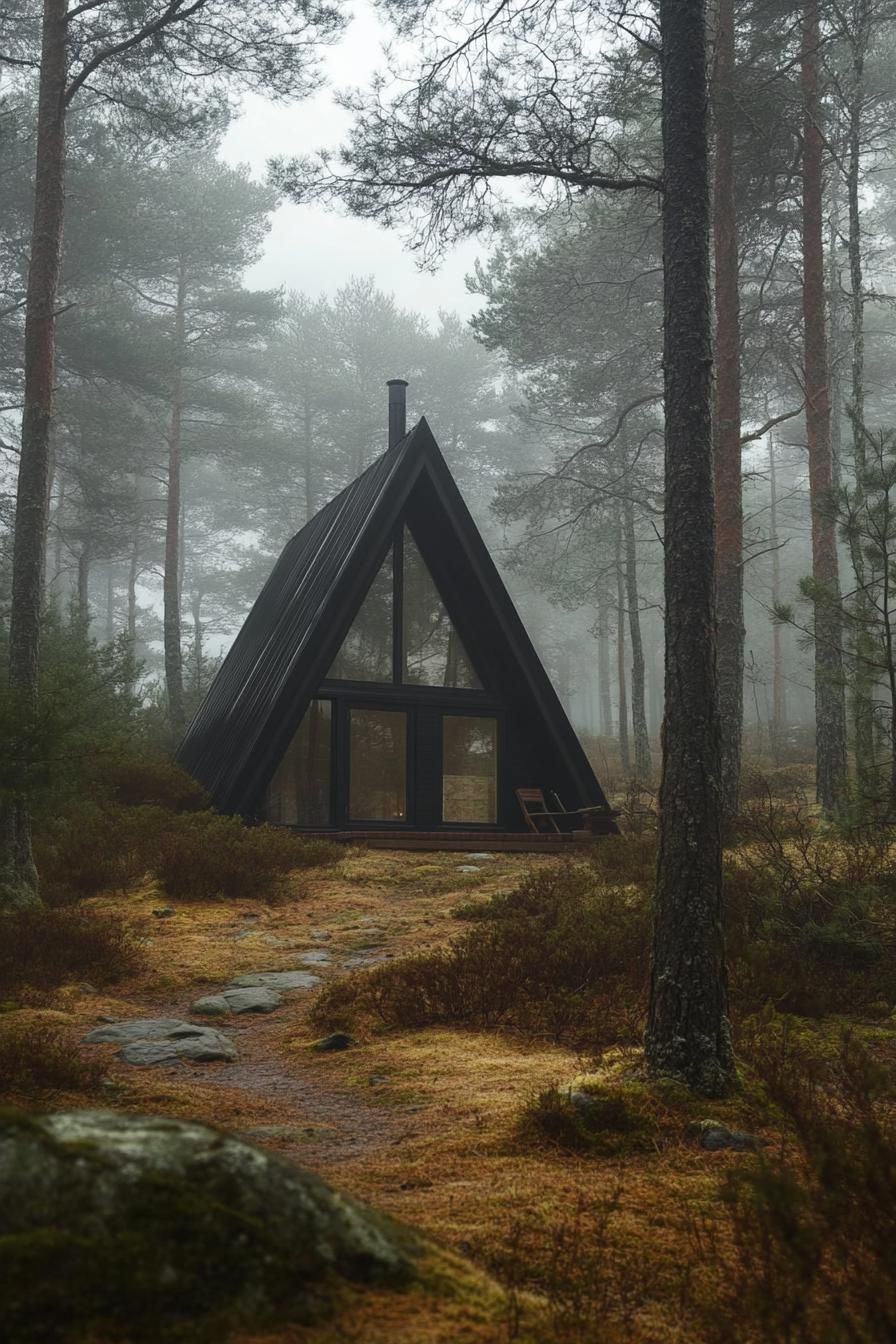 a frame timber prefab cabin house in a misty Scandinavian forest 1
