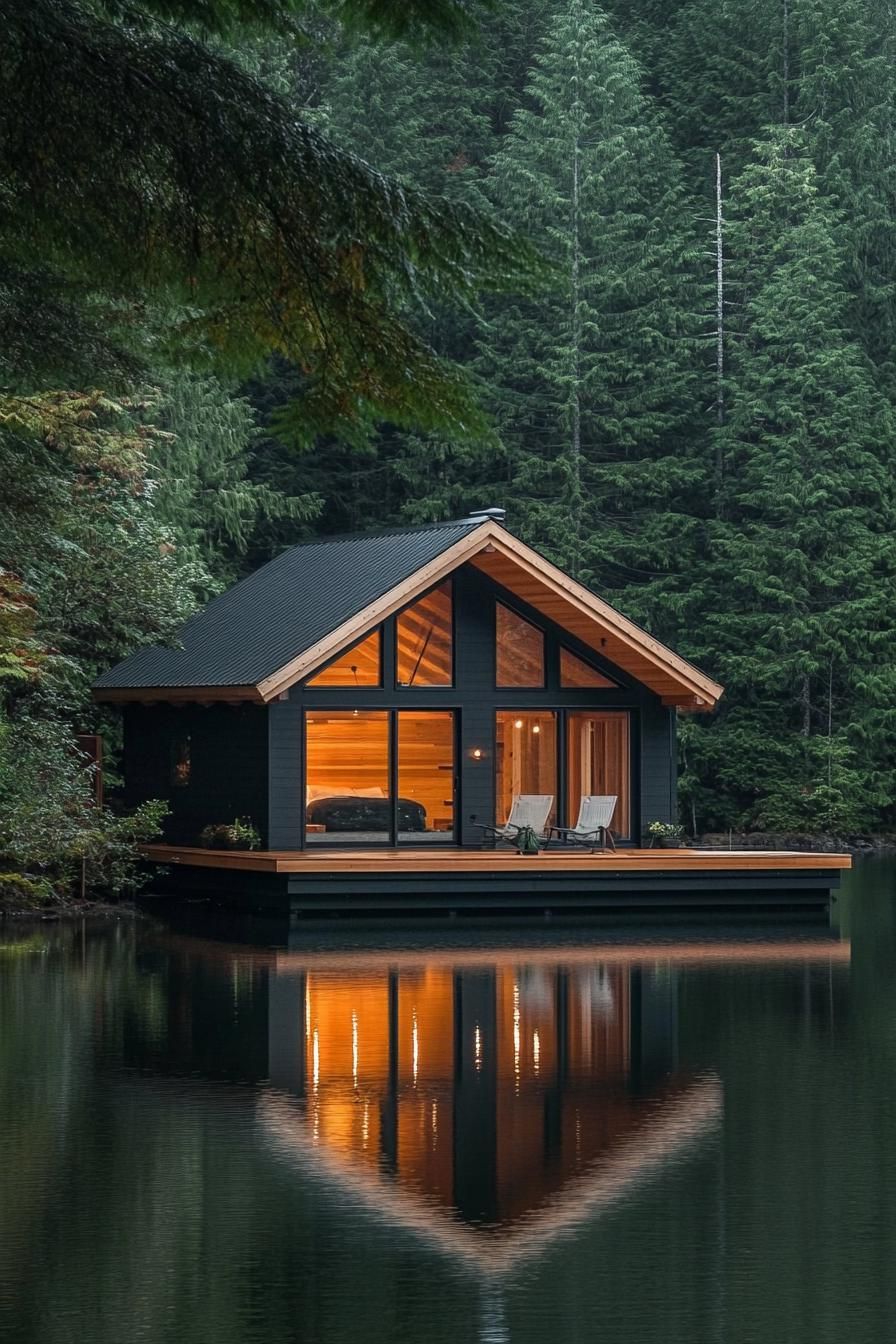 modern timber floating cabin house on a lake surrounded by lush pine forest 3