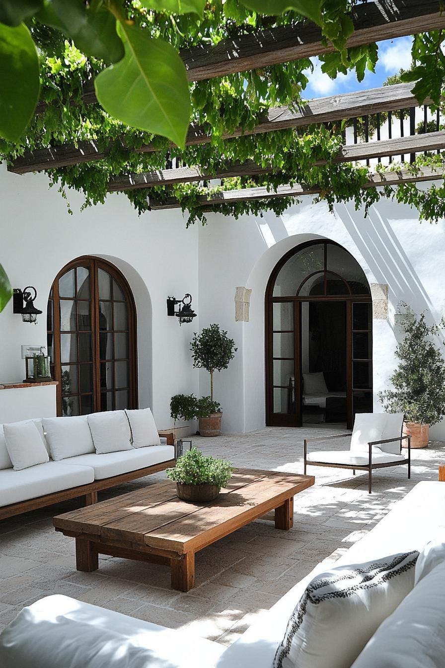 modern spanish house courtyard white walls modern arched doors tiled floor large wooden outdoor coffee table with outdoor sofas pergola above 2