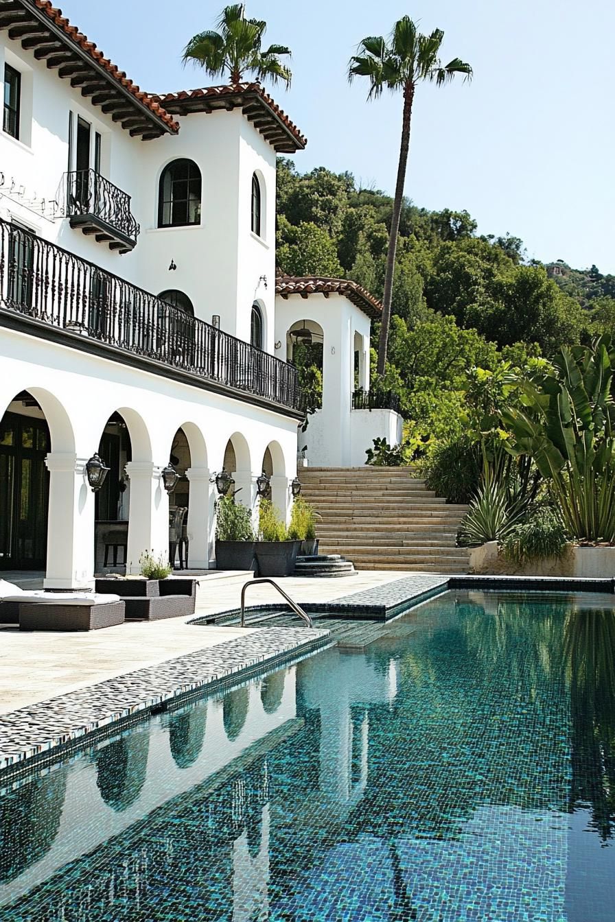 spanish villa yard with pool deck tiled in stone mosaic tile house in white stucco iron balconies arches modern windows tall palms in the yard 3
