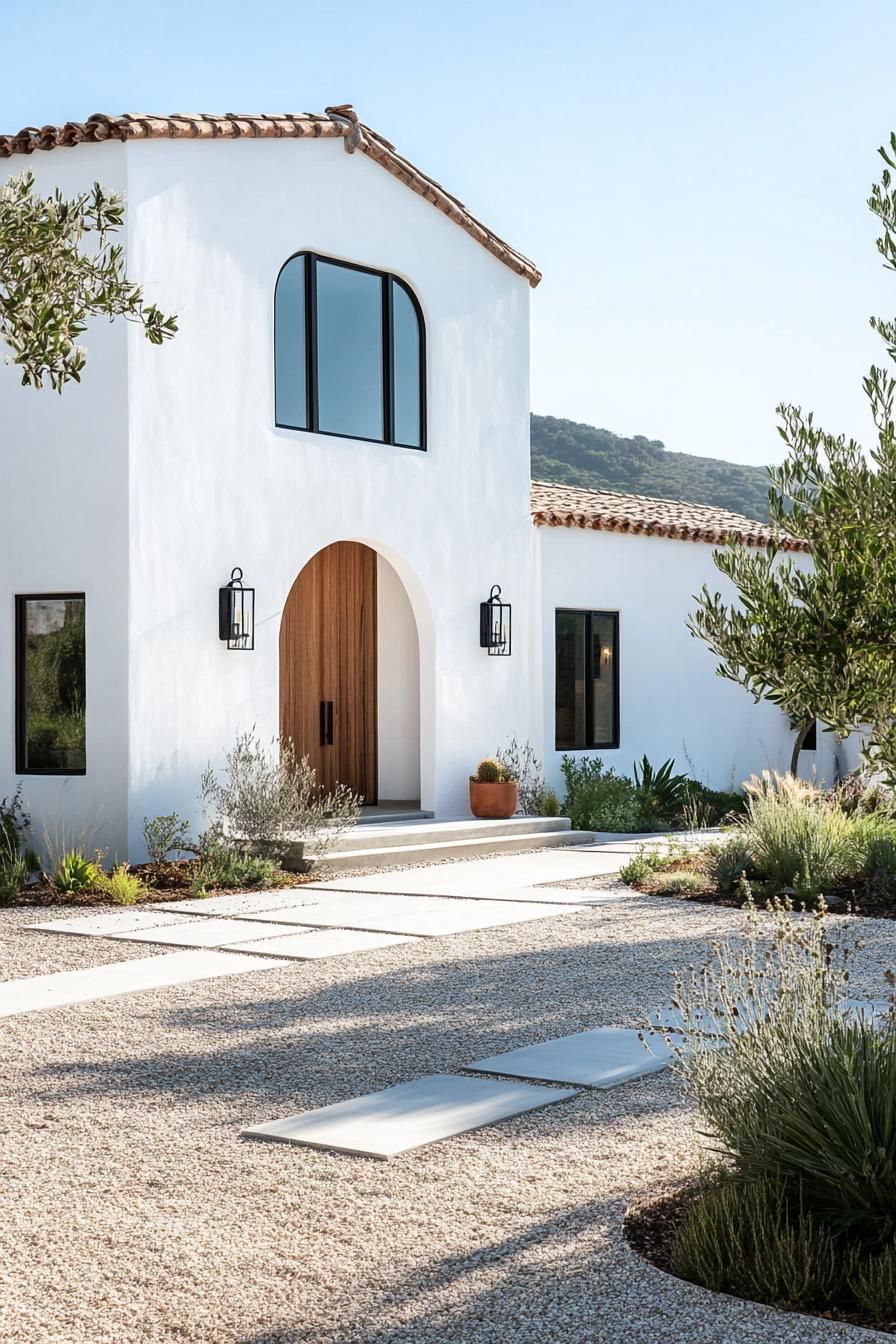 modern spanish house in white stucco modern arched windows in black trim large handcrafted wooden front door modern lamp fixtures gravel yard with 2
