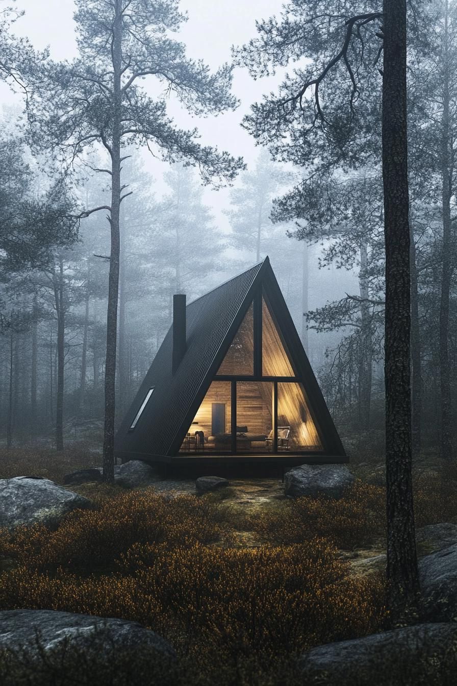 a frame timber prefab cabin house in a misty Scandinavian forest 3