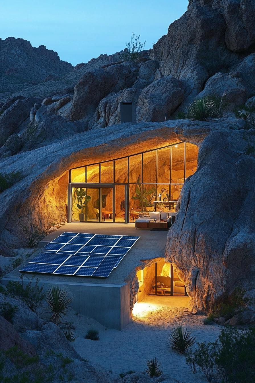 modern earth sheltered house with solar panel facade in stunning desert mountain caves