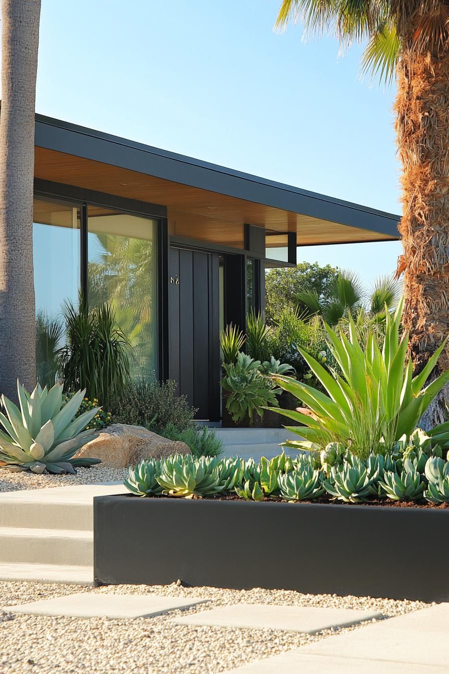 mid century modern house front porch with succulent planters with palm trees in the yard
