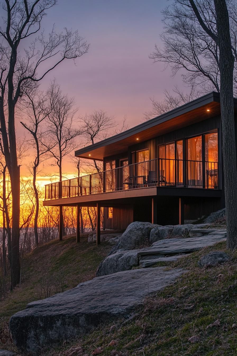 mid century modern cabin with wraparound decks with metal railing lakeside hill sunset 1