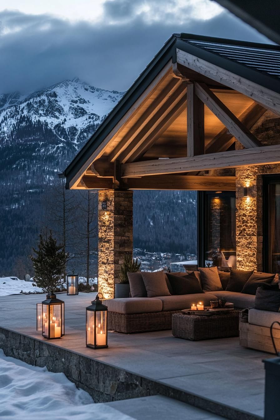 modern French chalet house covered front porch with cozy seating and lantern lighting frontal view snowy mountains in the background 3