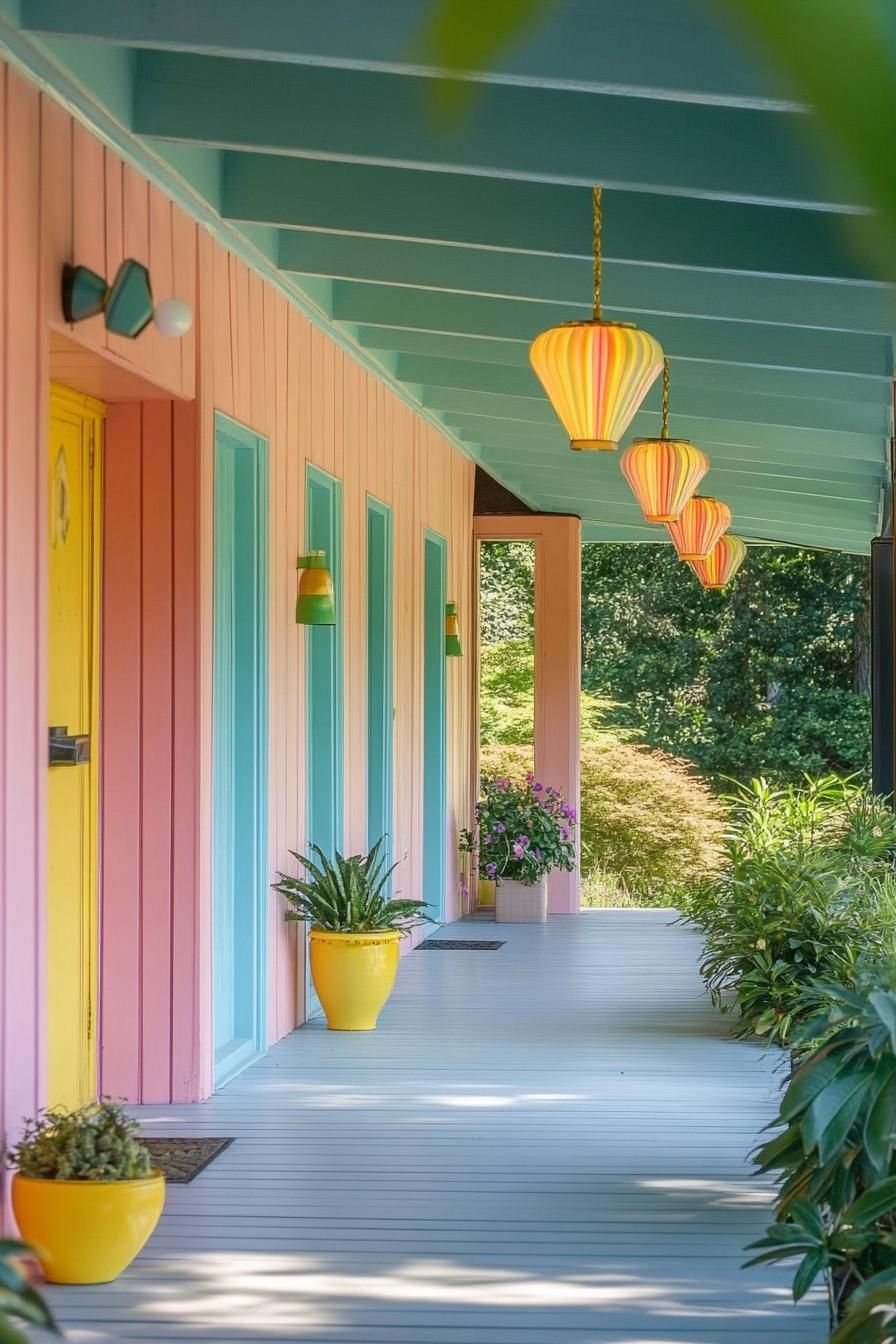 modern 70s style house front porch with retro lighting fixtures in pastel colors