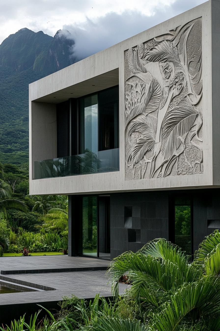 modern house with high relief art deco precast concrete facade tropical mountains in the background 2