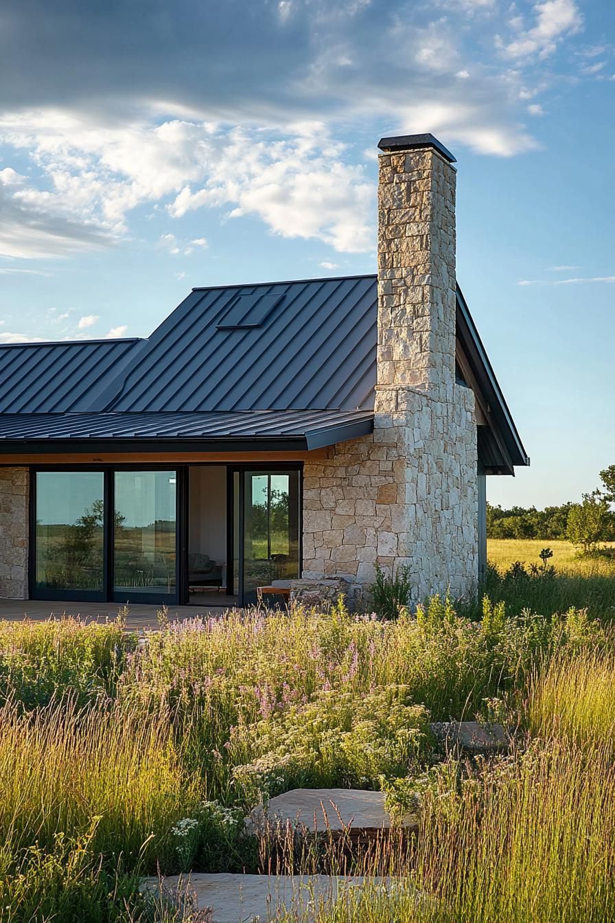 modern rural house facade with stone chimney and metal roof on a stunning prairie ranch 1