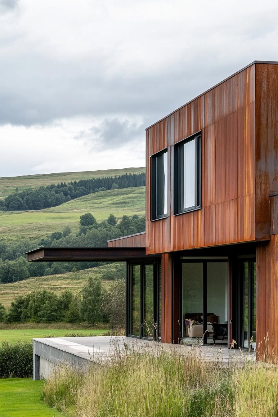 modern rural industrial steel house facade with wood cladding in green hilly valley 2