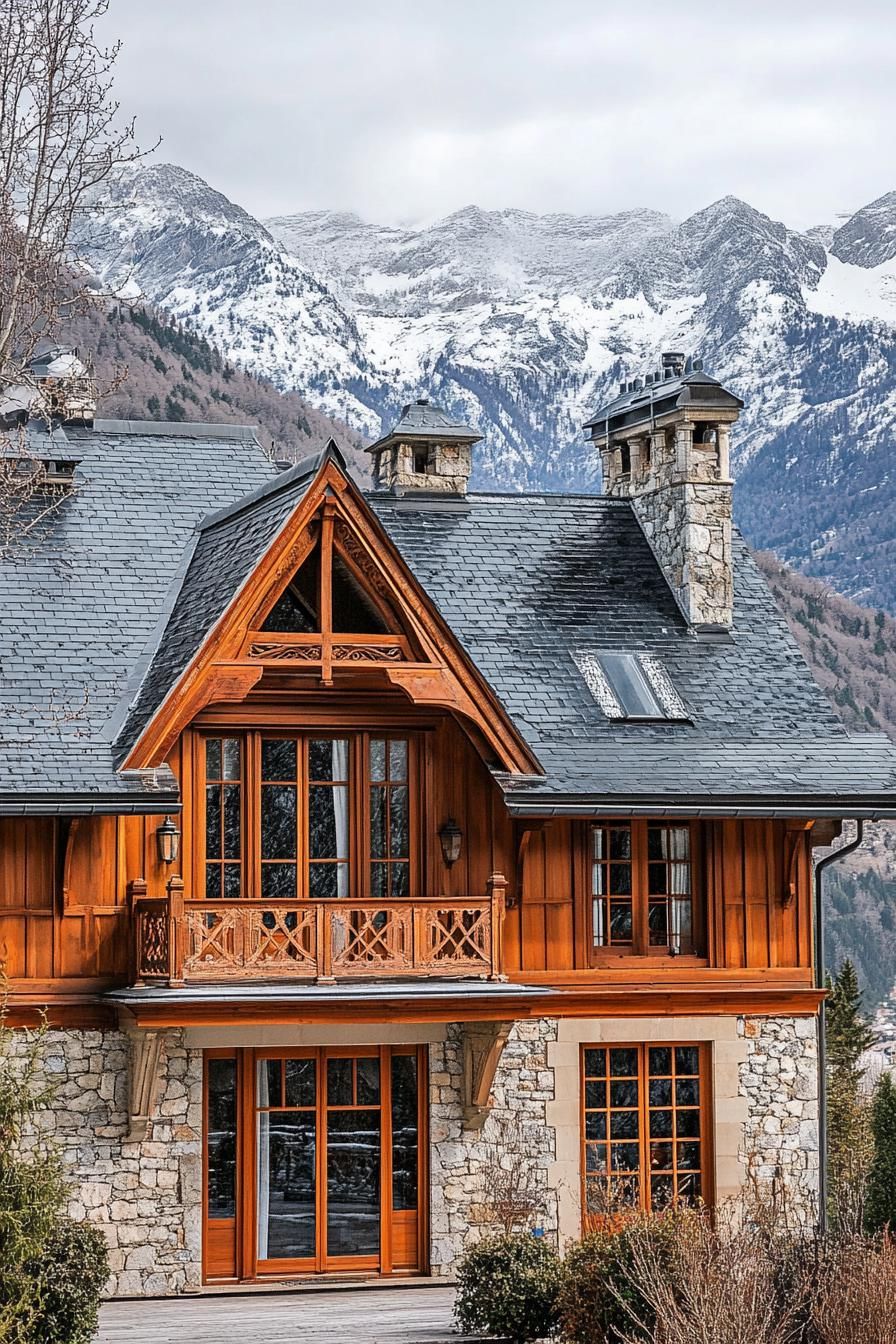 modern French chalet house with Slate Roof With Dormer Windows and Intricate Wood Carvings snowy Alps in the background 1
