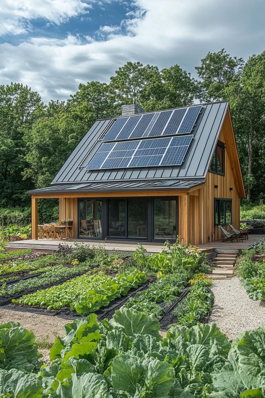 modern rural house with traditional roof and solar panels lush veggie garden in front