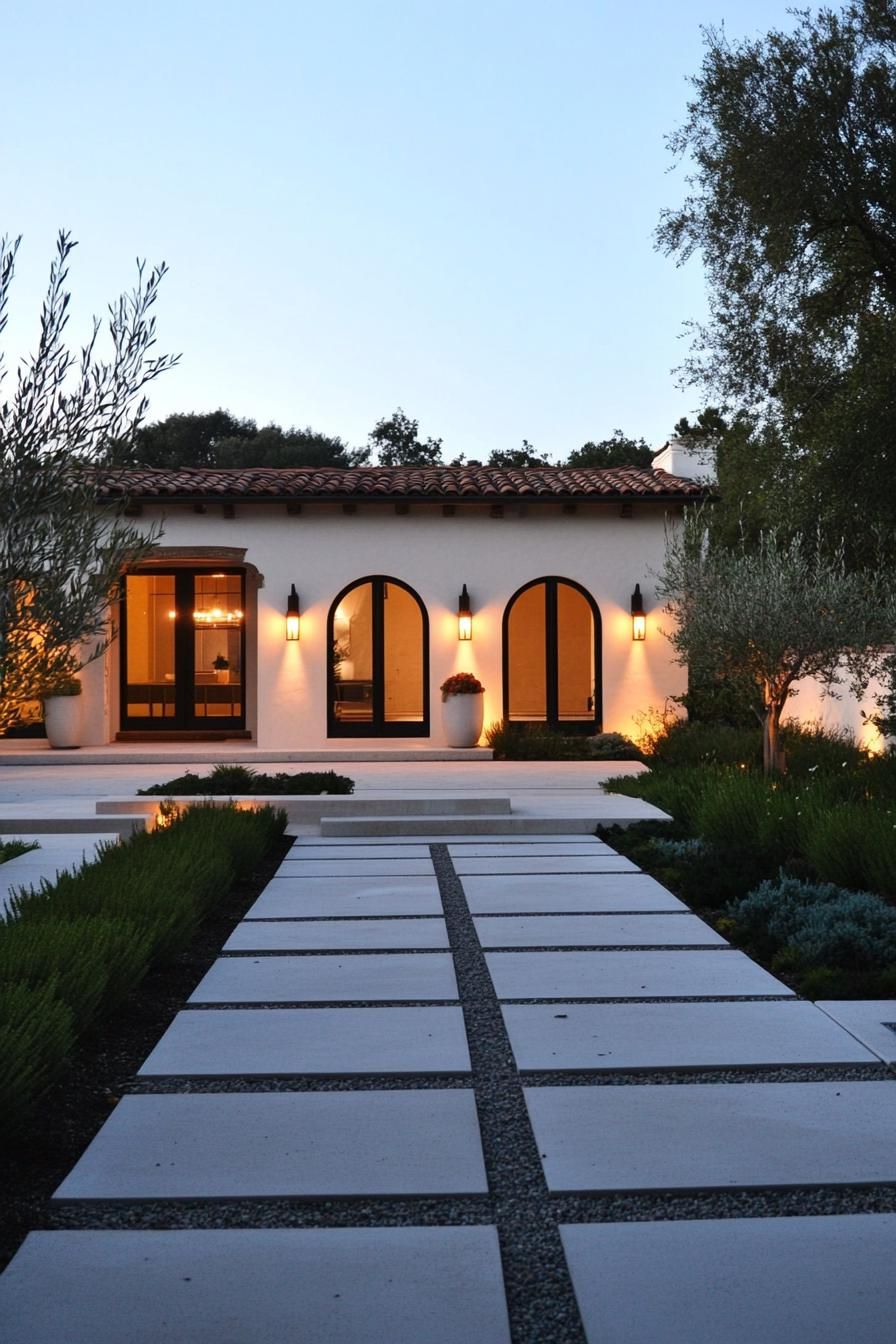 spanish style house courtyard polished limestone facade large tile arches shrubs outdoor lamp fixtures modern windows path LED lighting 2
