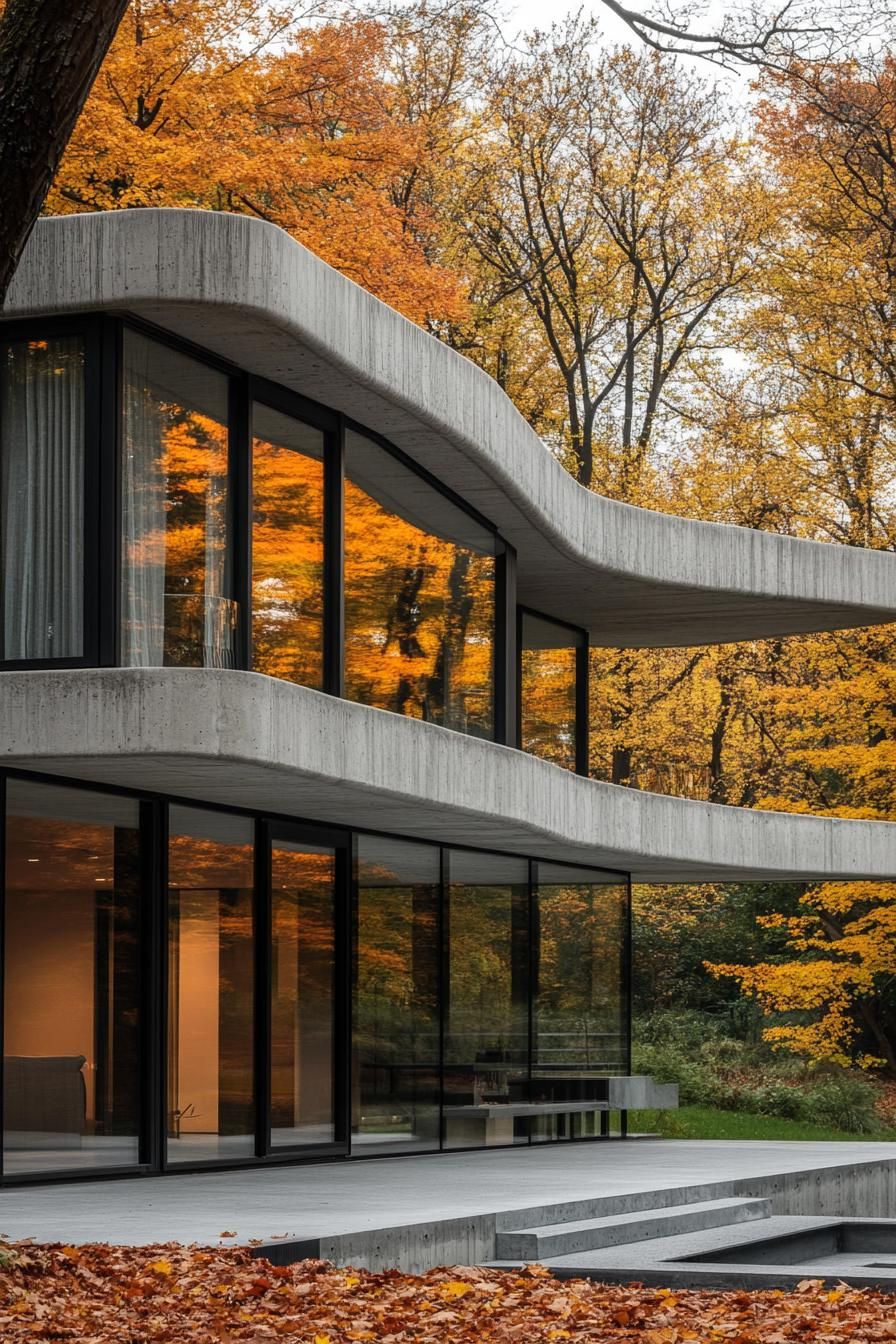modern house with precast concrete facade in art deco zigzags maple forest in the background in autumn 1