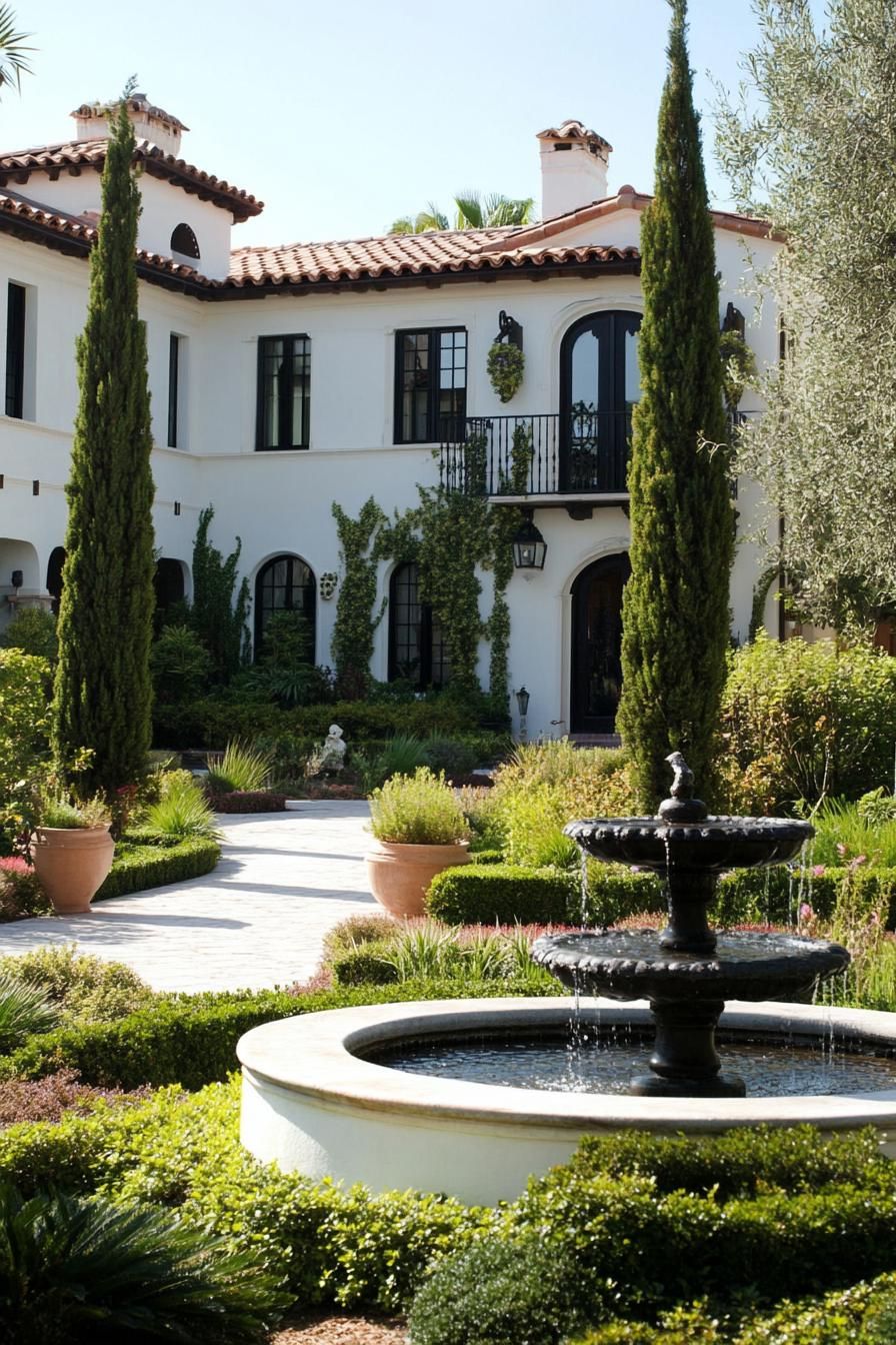 white spanish house yard garden with italian cypress shrubs and central fountain