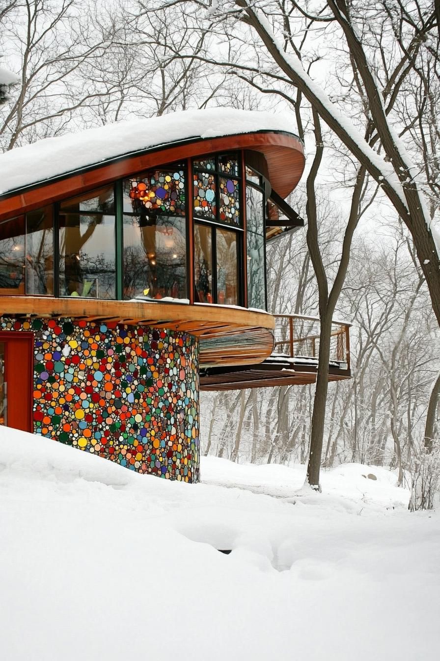 modern earth sheltered house built into a hill with recycled multicolor glass mosaic facade in winter covered in snow 3