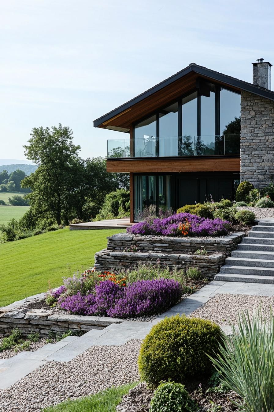 modern 70s style house front yart with stacked stone flower beds in summer stunning green fields in the background 3