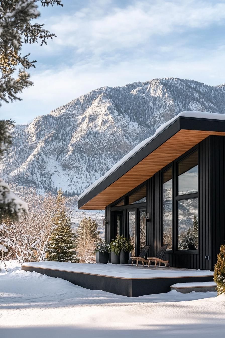 mid century modern cabin facade with black trim imposing snowy mountain in the background 3