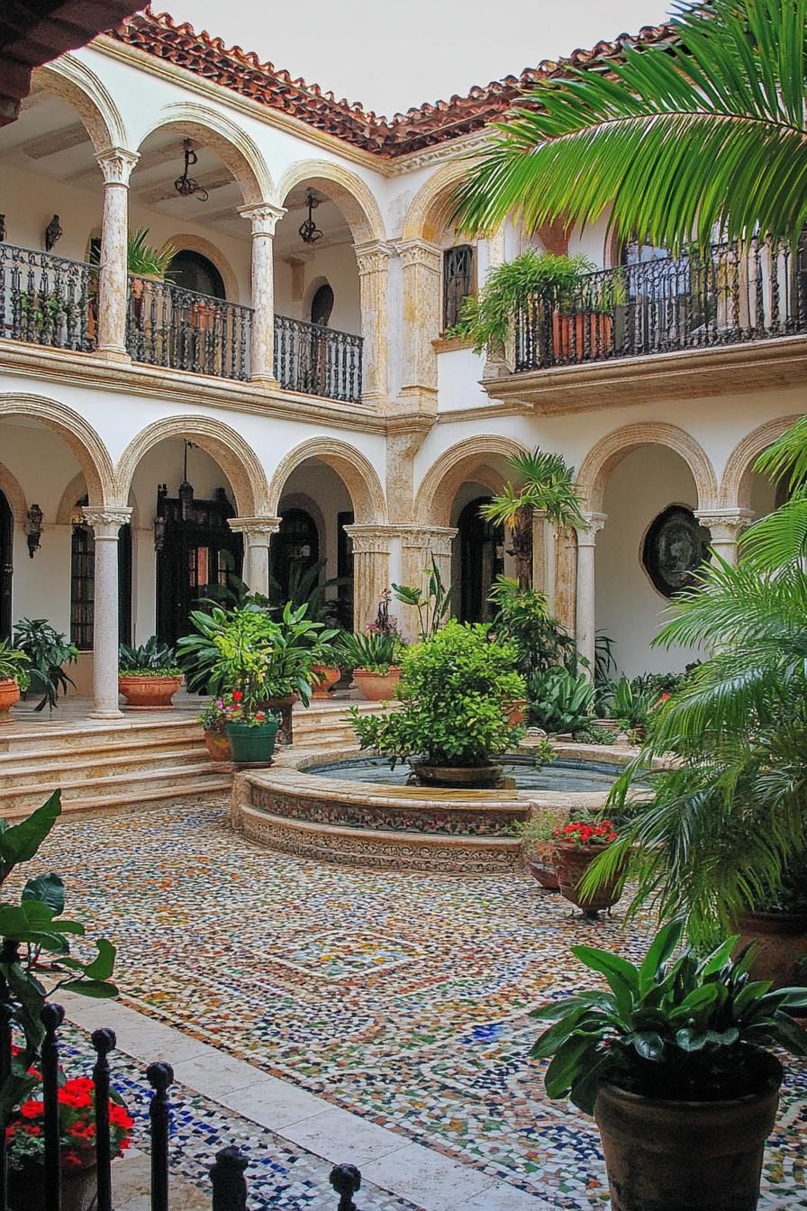 spanish marble house inner courtyard with columns and arches balconies with marble railings mosaic tile floor potted plants 2