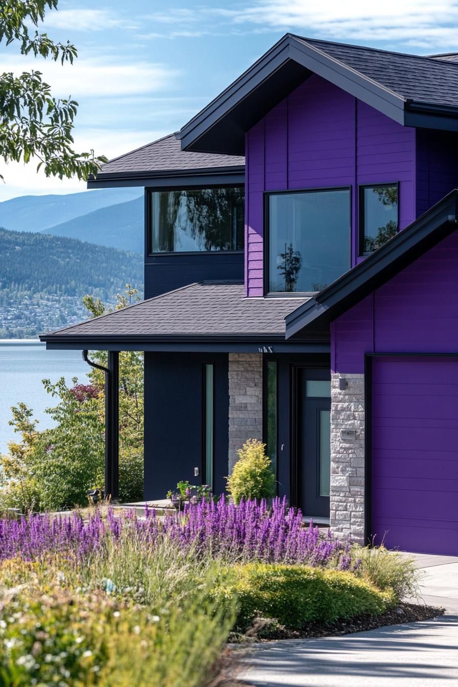 modern 90s style house facade with purple geometric paint color accents beautiful lake in the background 3