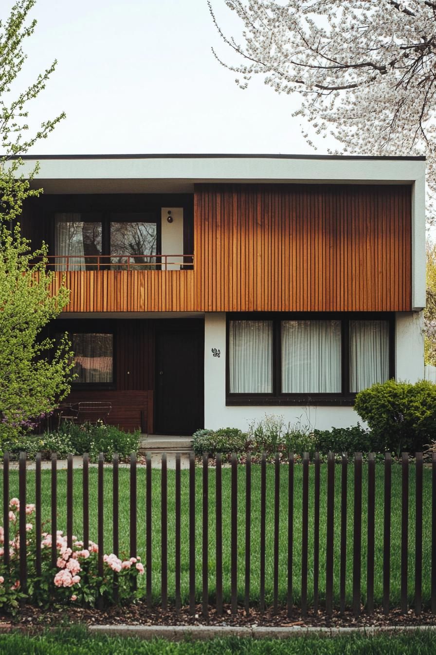 modern 70s style geometric house facade yard with vertical slat fencing in suburban neighborhood in spring 1