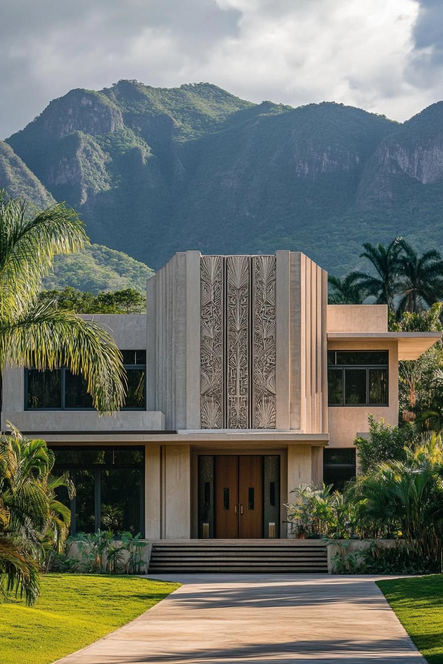 modern house with high relief art deco precast concrete facade tropical mountains in the background