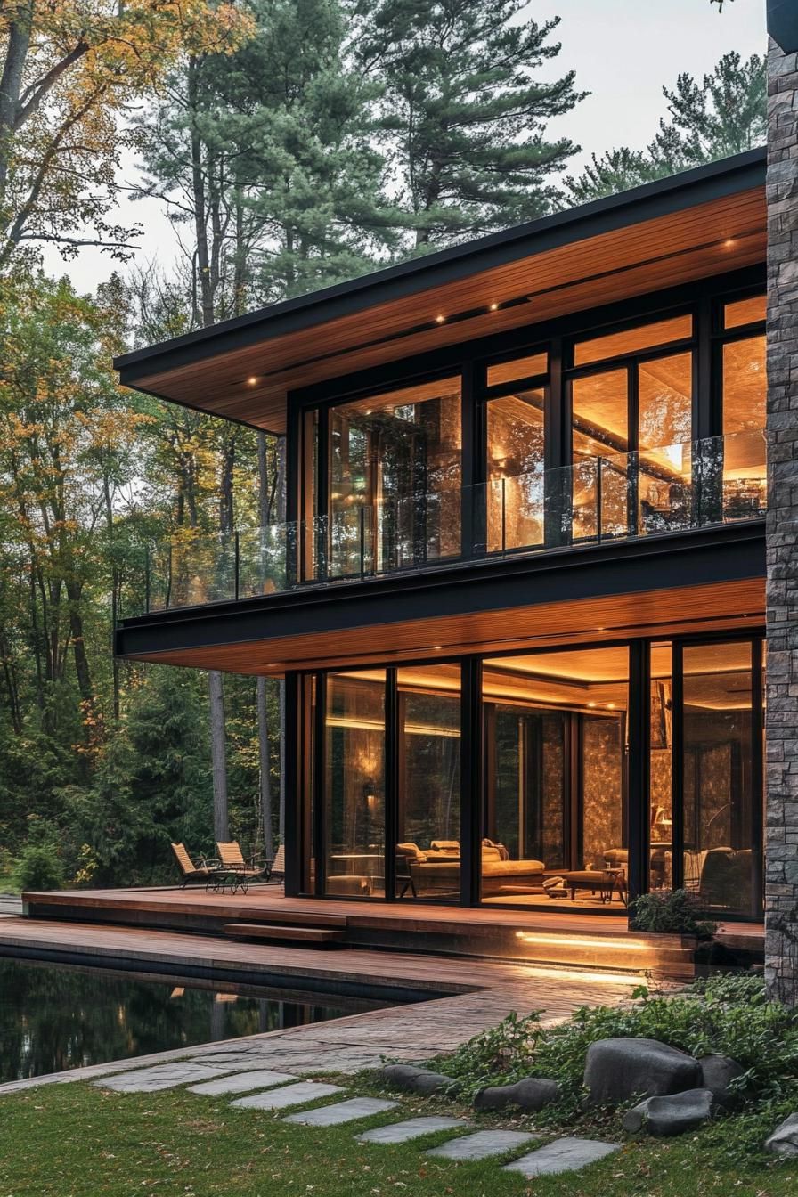 modern 70s style house facade with large floor to ceiling windows lakeside forest view