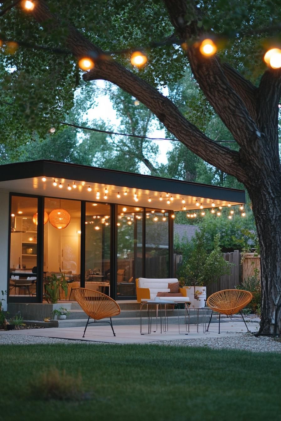 mid century modern house front porch with retro furniture trees with string lights in the yard 2