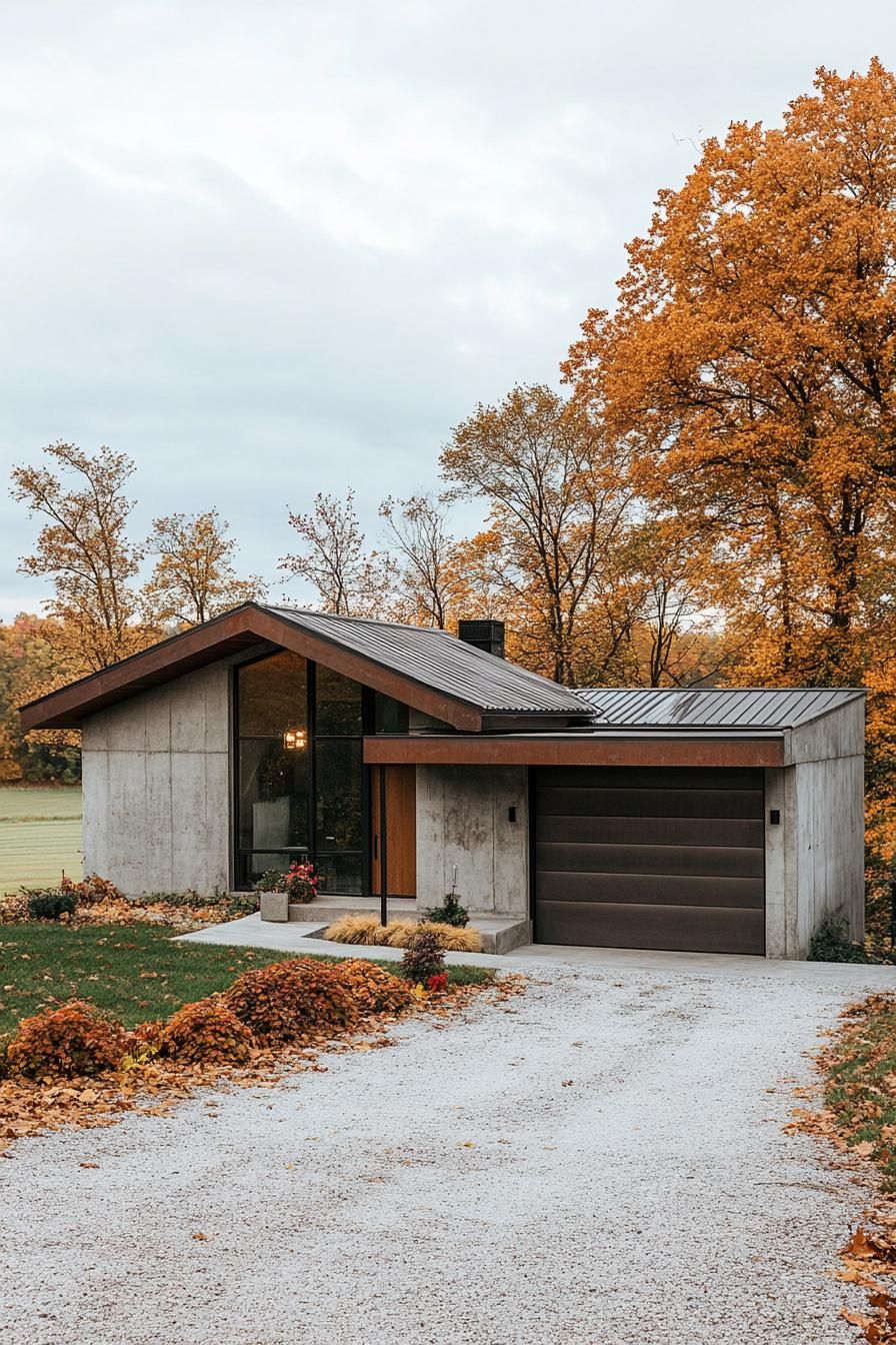 modern 90s house with concrete facade cozy front porch and metal garage door picturesque farmland fields in autumn in the background 2