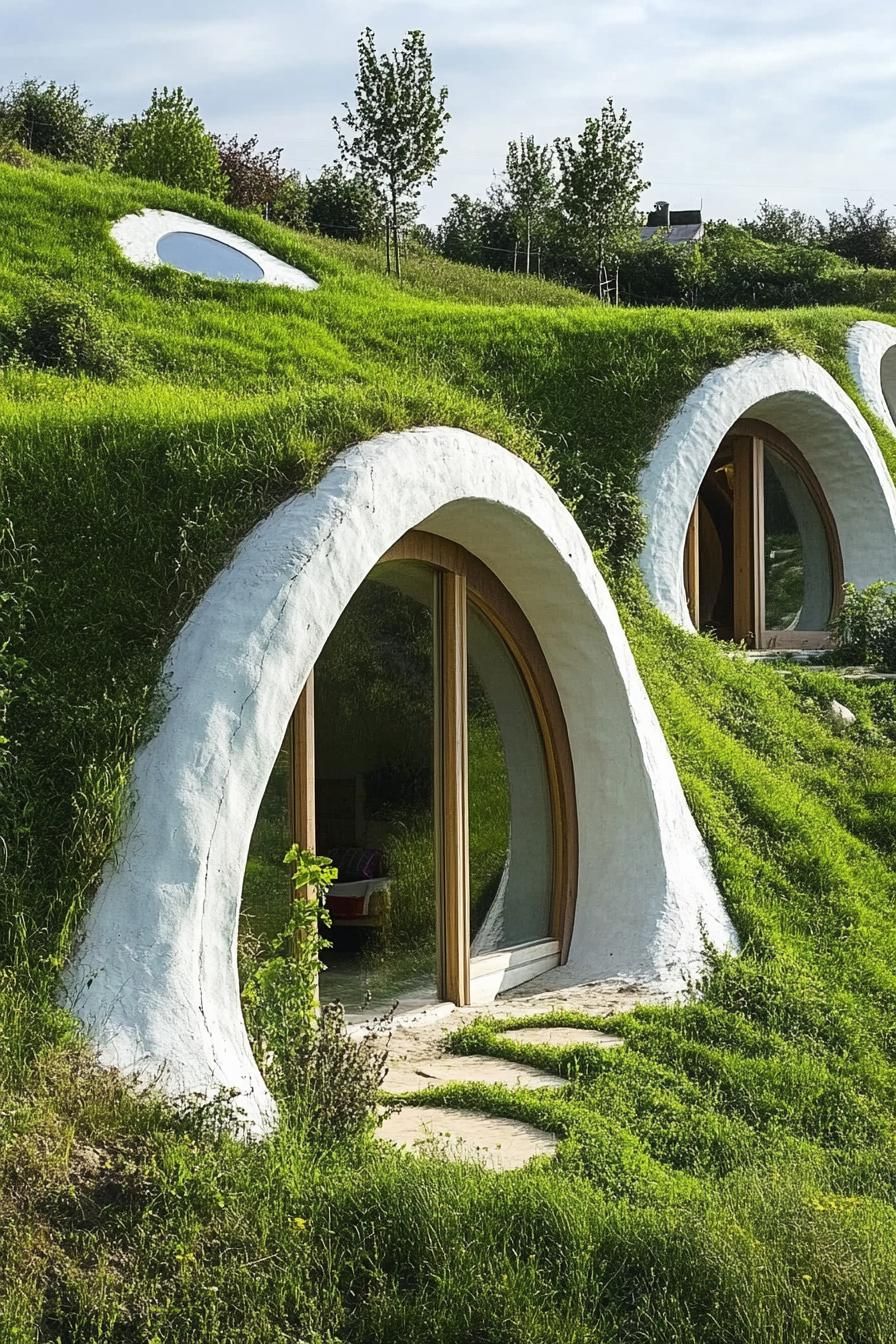 modern earth sheltered hobbit style molded house in a green valley hill 2