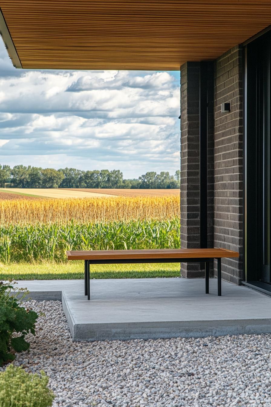 mid century modern house front porch open and minimalist with a single Danish bench Scandinavian fields in the background 1