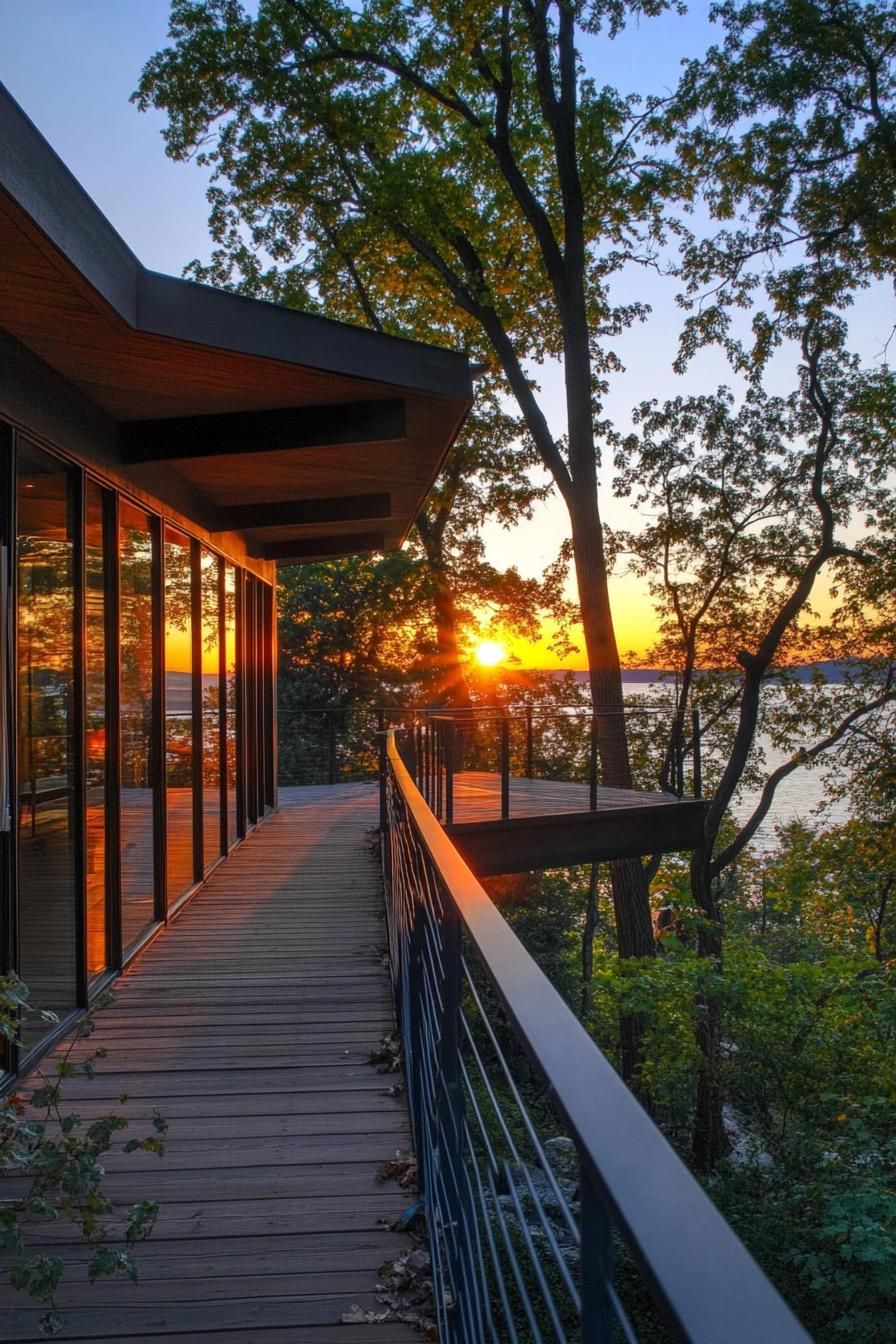 mid century modern cabin with wraparound decks with metal railing lakeside hill sunset
