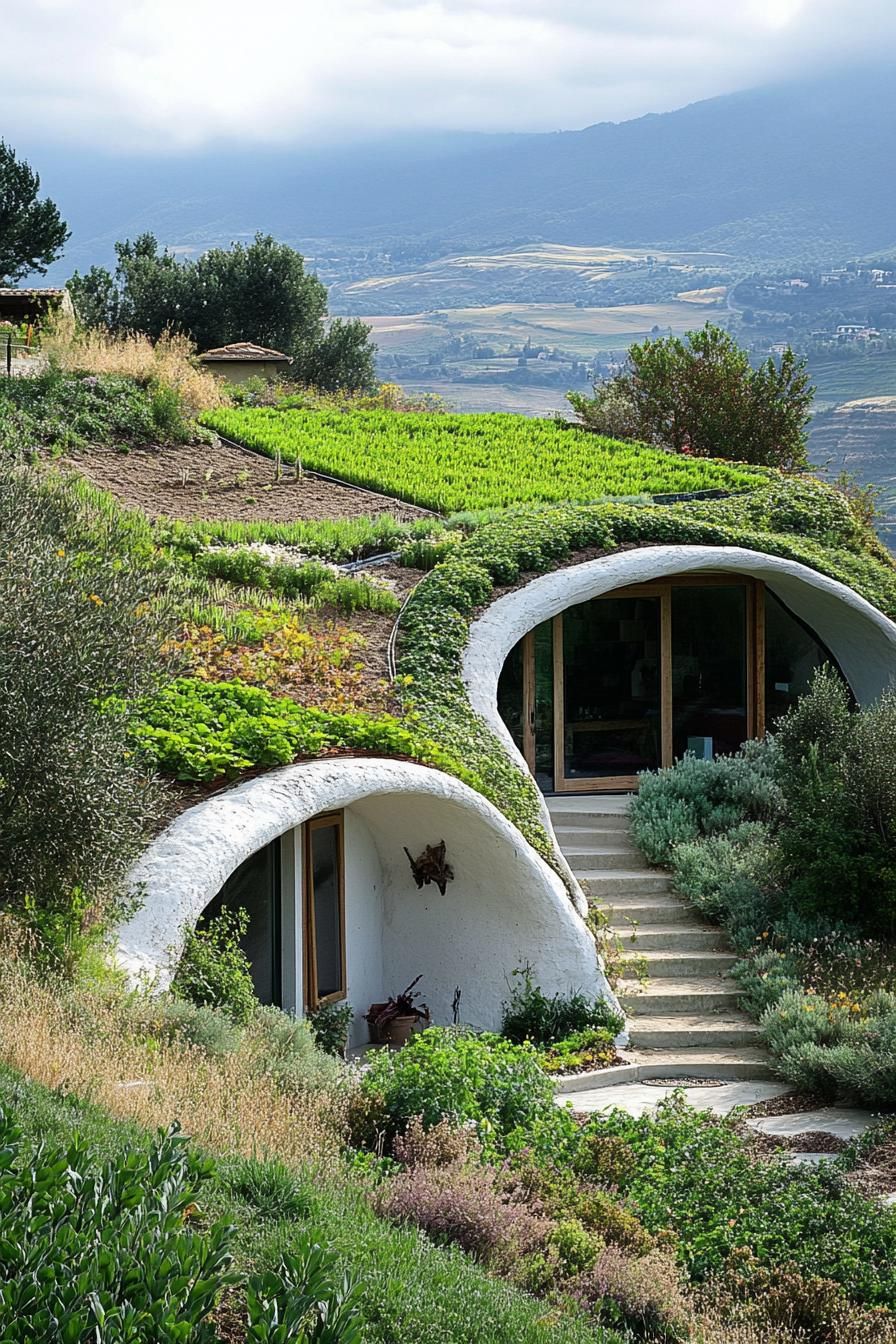 modern earth bermed house with earth covered roof with veggie garden in picturesque hilly farmlands 3