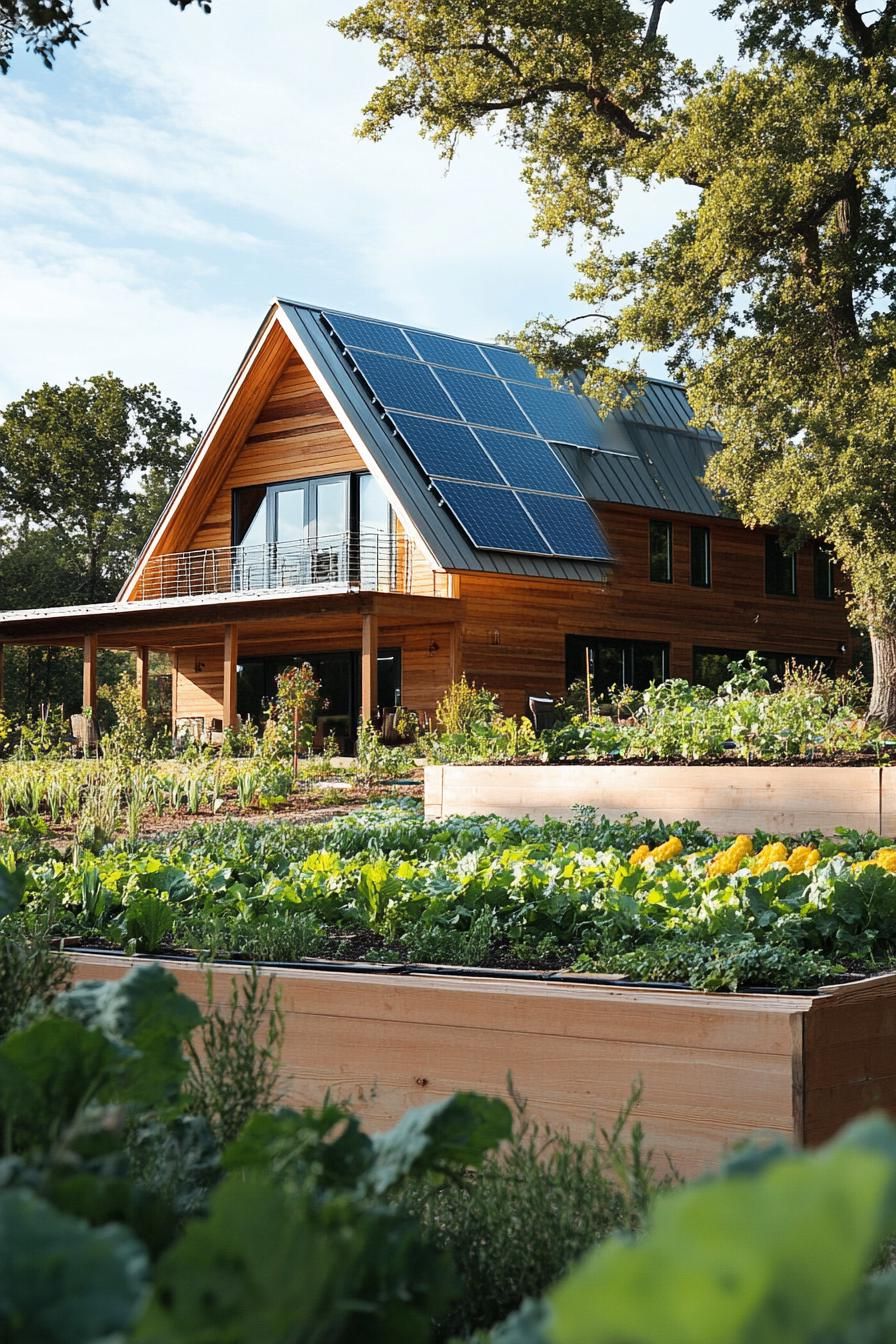 modern rural house with traditional roof and solar panels lush veggie garden in front 3