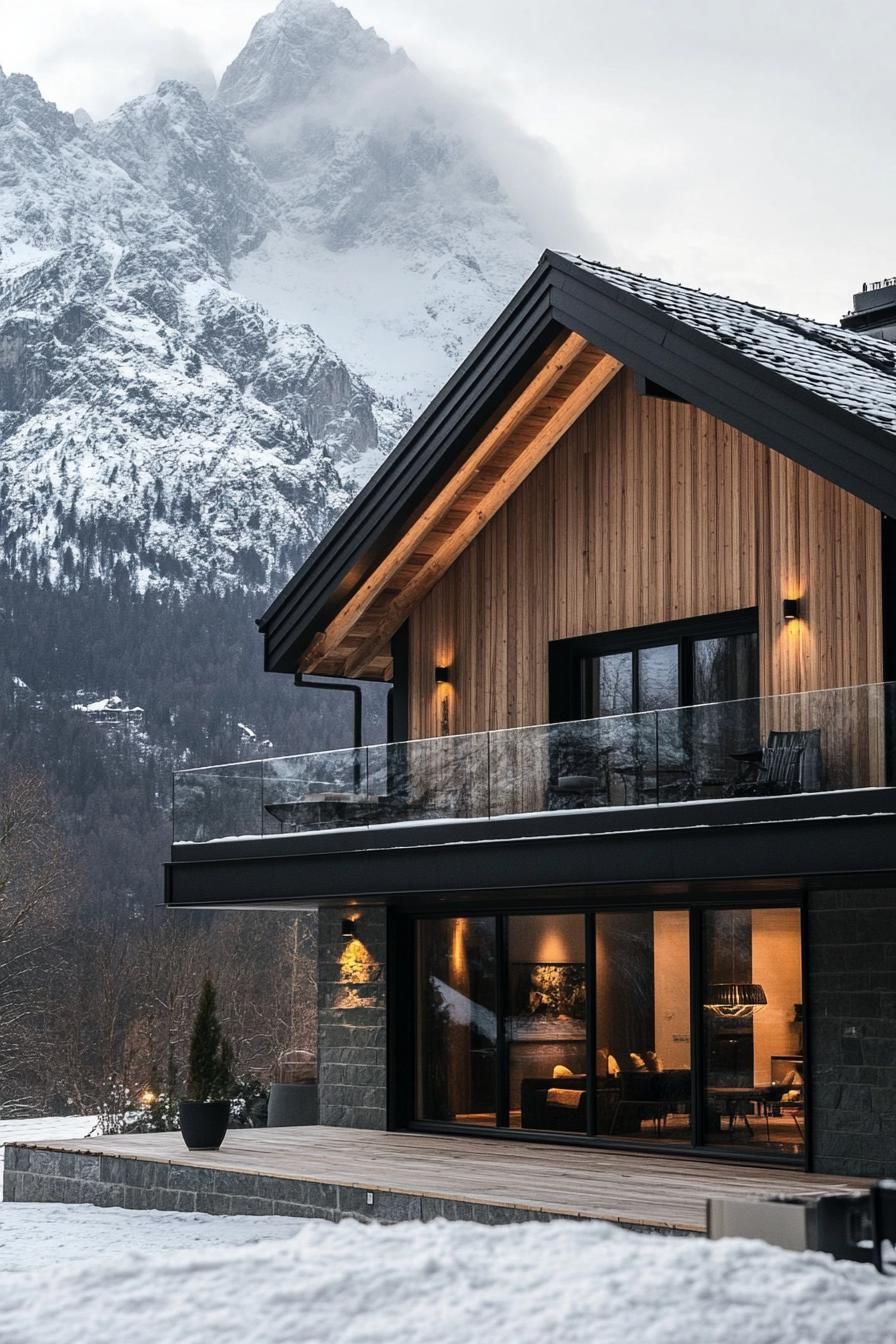 modern French chalet house facade with wooden cladding and glass railings stunning snowy mountain in the background 2