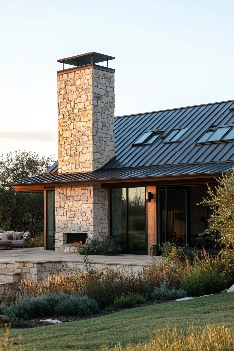 modern rural house facade with stone chimney and metal roof on a stunning prairie ranch 3