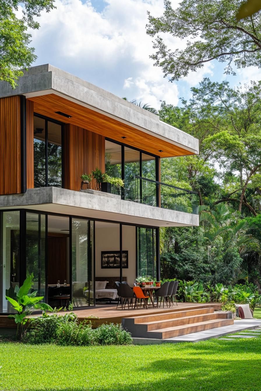 modern house with precast concrete facade with faux wood grain texture lush green forest in the background 3