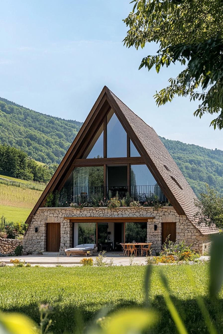 modern French chalet house A frame facade with panoramic windows green provencal fields in the background 2