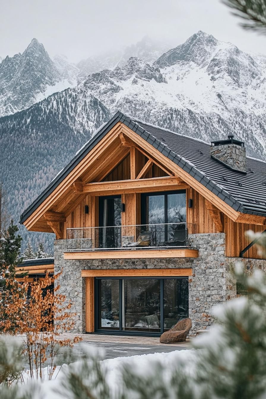 modern French chalet house exterior with wooden beams and stone facade stunning snowy mountains in the background 1