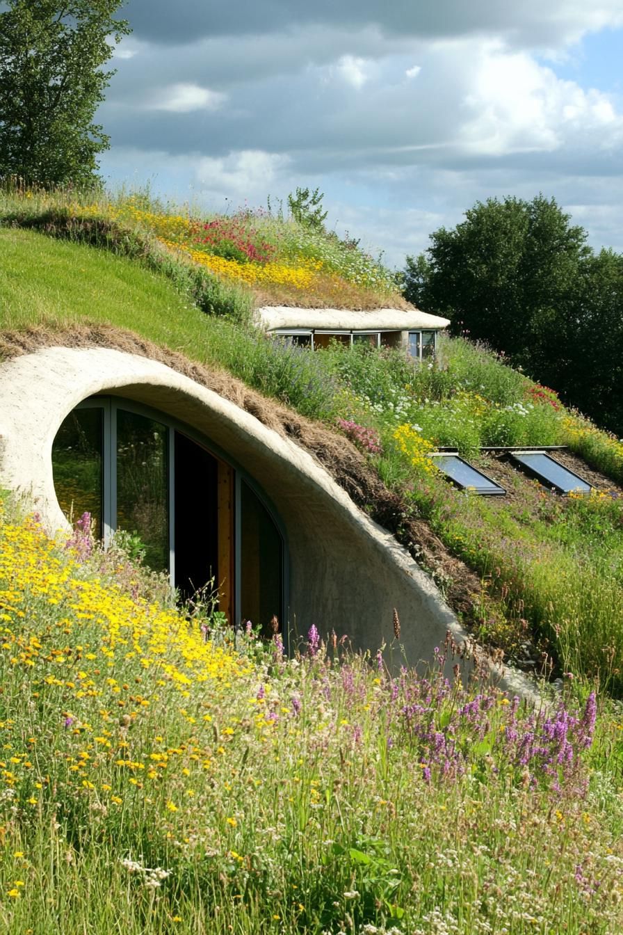 modern earth sheltered house in farmland built into hillside with herb gardens on the roof wildflower meadows surrounding 2