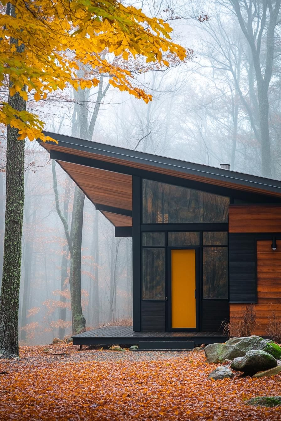 mid century modern cabin facade with exposed steel beams and columns misty Scandinavian woods 1