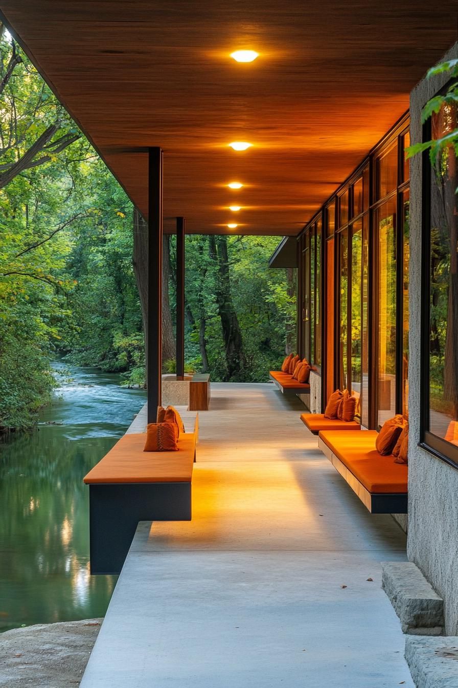 mid century modern house front porch with built in benches with a river lined with trees visible 1