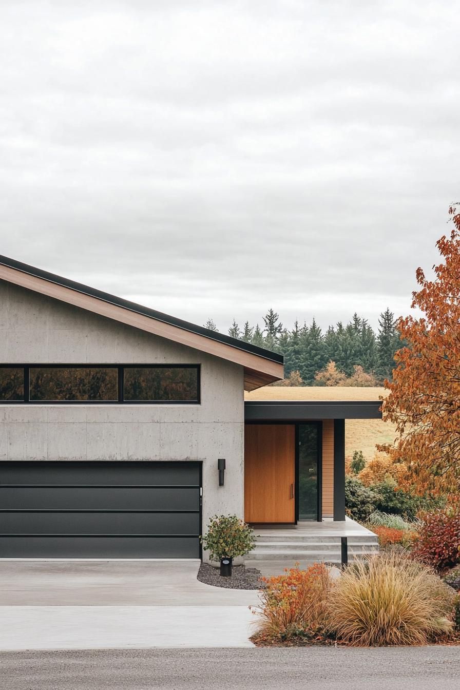 modern 90s house with concrete facade cozy front porch and metal garage door picturesque farmland fields in autumn in the background 3