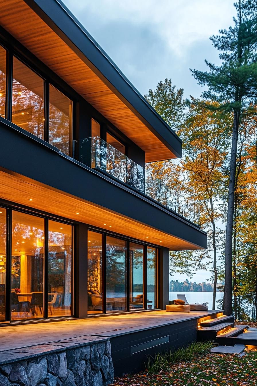 modern 70s style house facade with large floor to ceiling windows lakeside forest view 3