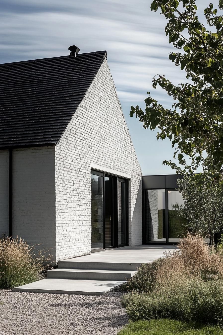 modern rural house facade with whitewashed brick and steel elements on a beautiful farm