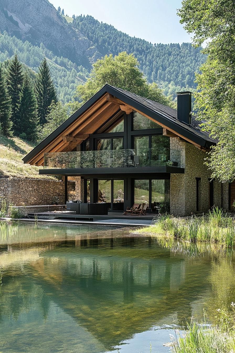 modern French chalet house with Overhanging roof Eaves With Exposed Rafters house by a pond in a green valley 1