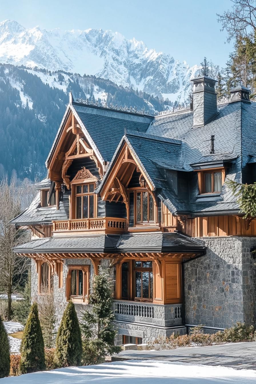 modern French chalet house with Slate Roof With Dormer Windows and Intricate Wood Carvings snowy Alps in the background 3