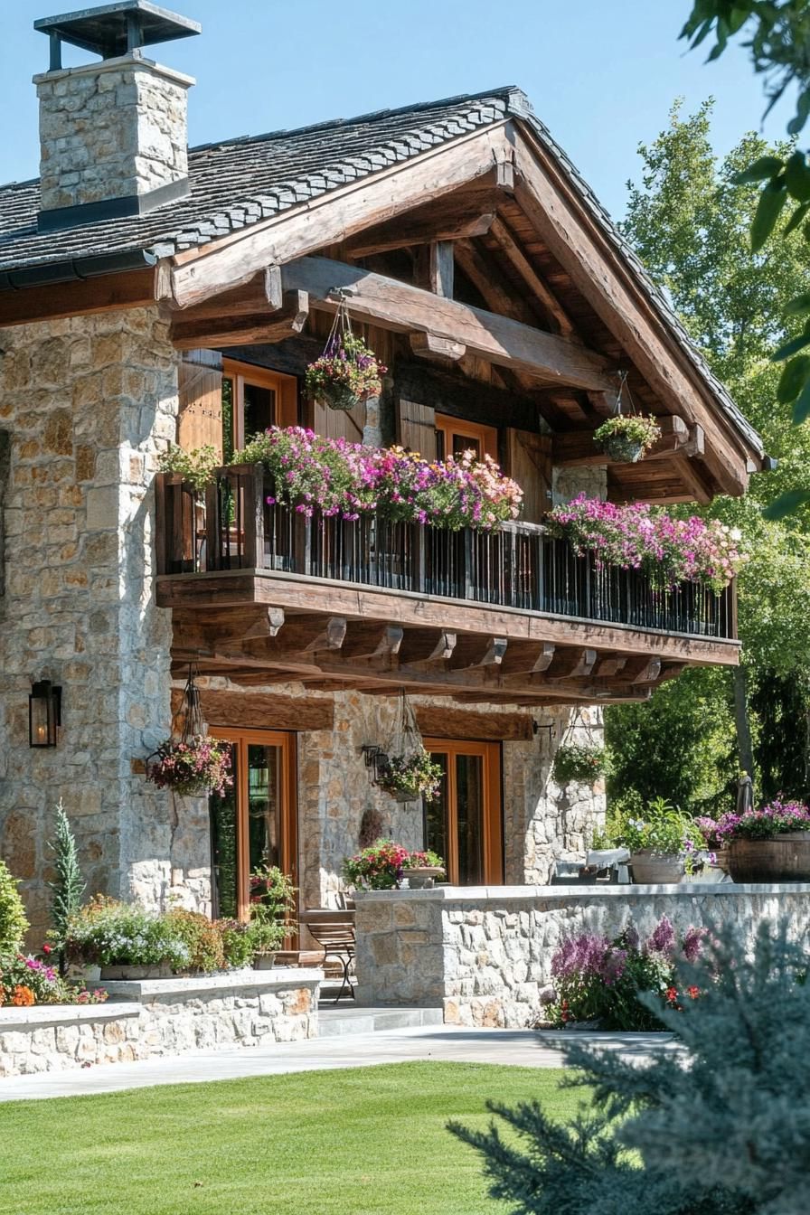 modern French chalet modern house facade with large balcony around the entire house with hanging flower pots beautiful provencal farm landscape 3