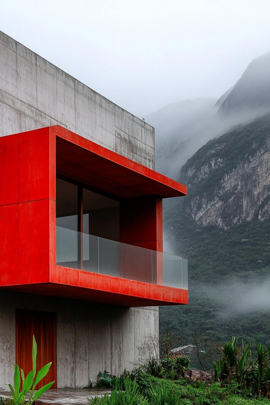 modern house with precast concrete facade with vibrant red sections misty ominous mountain in the background 1