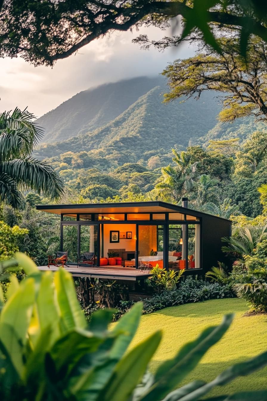 tiny mid century modern cabin exterior with clerestory windows in tropical forest with a mountain in the background 1